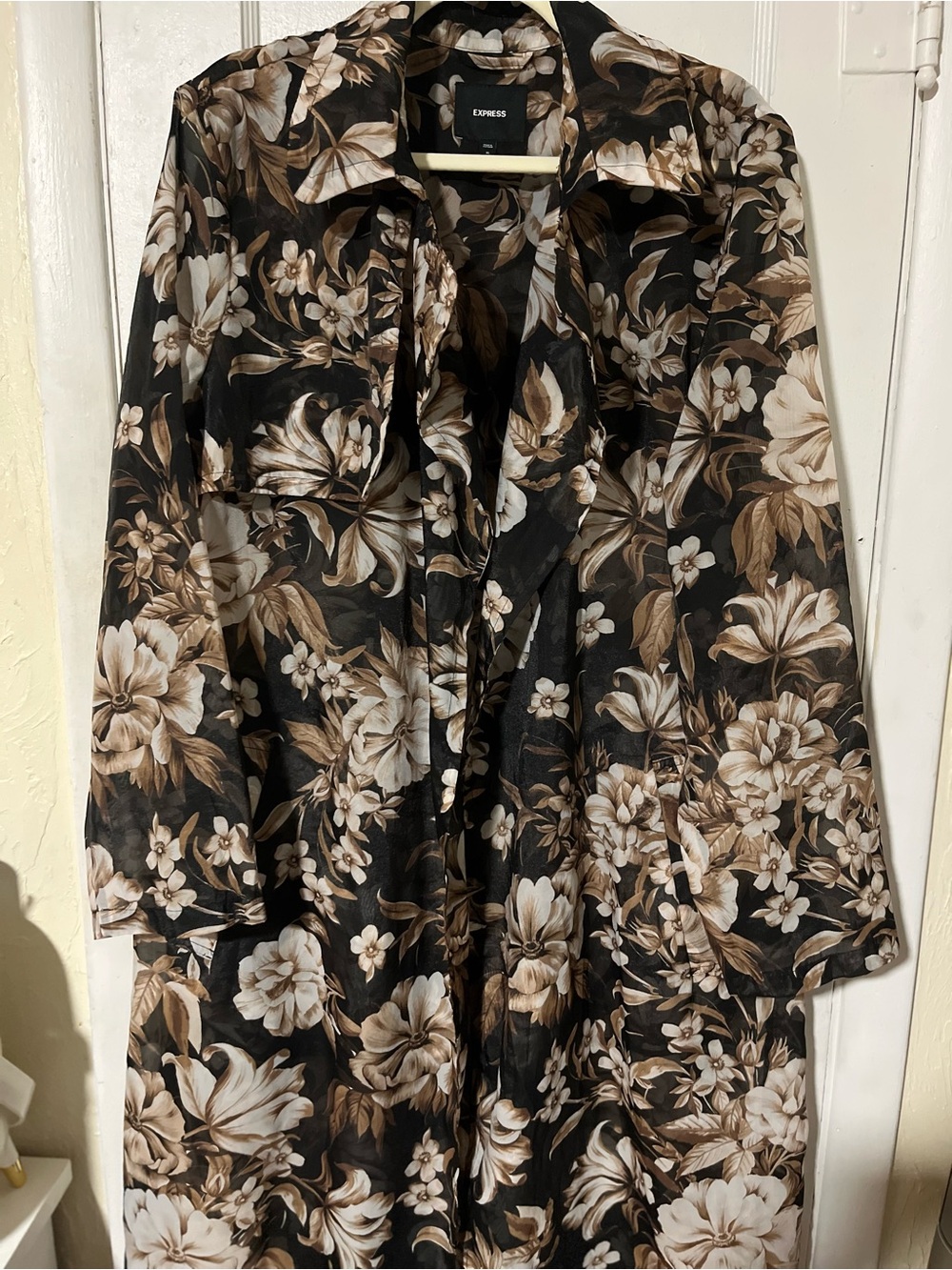 Express Floral Black and Brown Trenchcoat women XL